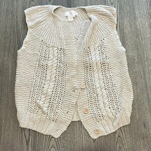 Maurada Crochet Sweater Vest Silk Blend Hand Knit Boho Button Front Tan Size L